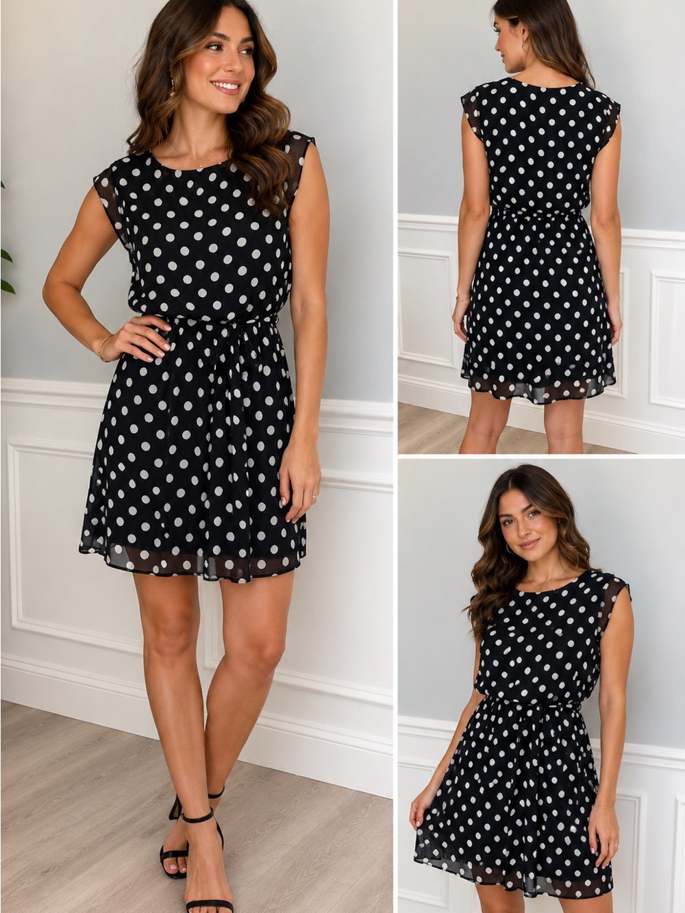 Fun & Flirt Black and White Polka Dot Tie-Waist Mini Dress M